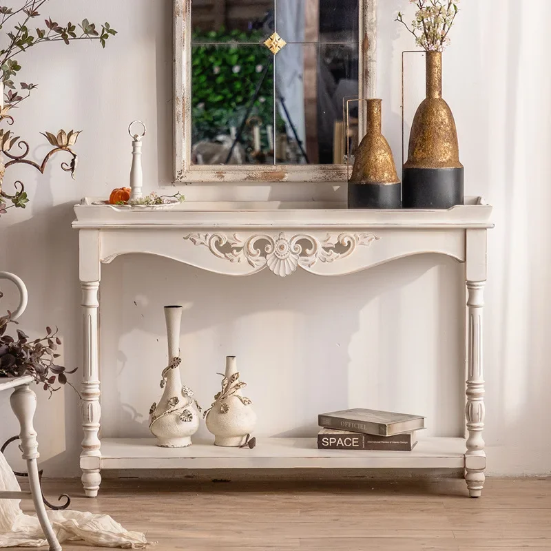 White carved foyer table, living room wall mounted decorative table for storing items