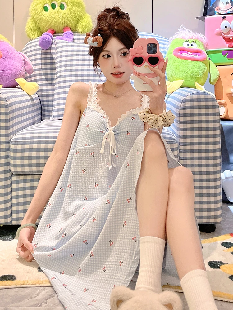 DAIMELU sleepwear girl nightdress women summer with chest pad sexy bud edge sweet blue nightgown thin pajamas loungewear nighty