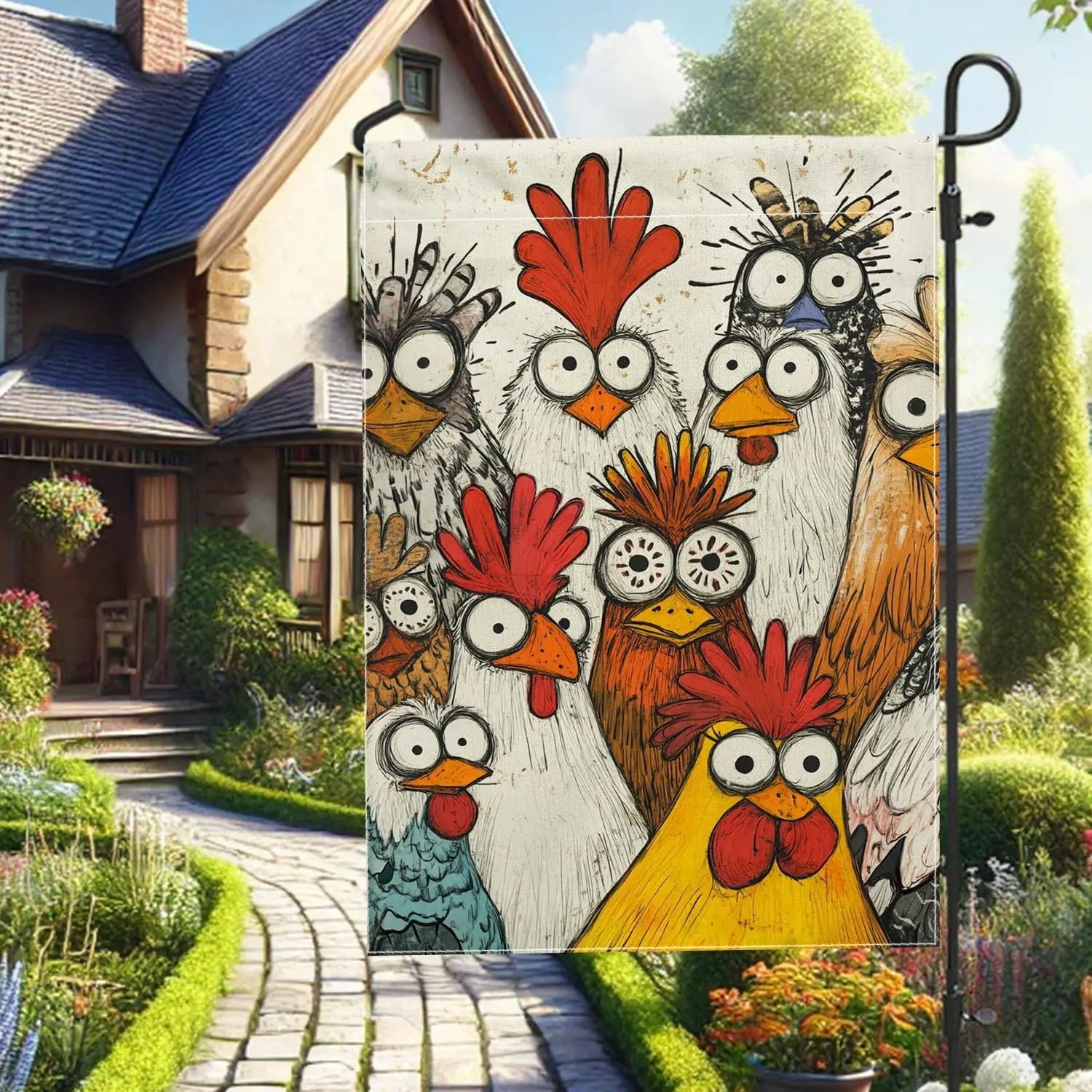Colorful Chicken Garden Flag, Fanciful Cartoon Rooster Outdoor Decor Banner, Double-Sided Burlap Yard Flag Farmhouse Theme L uui