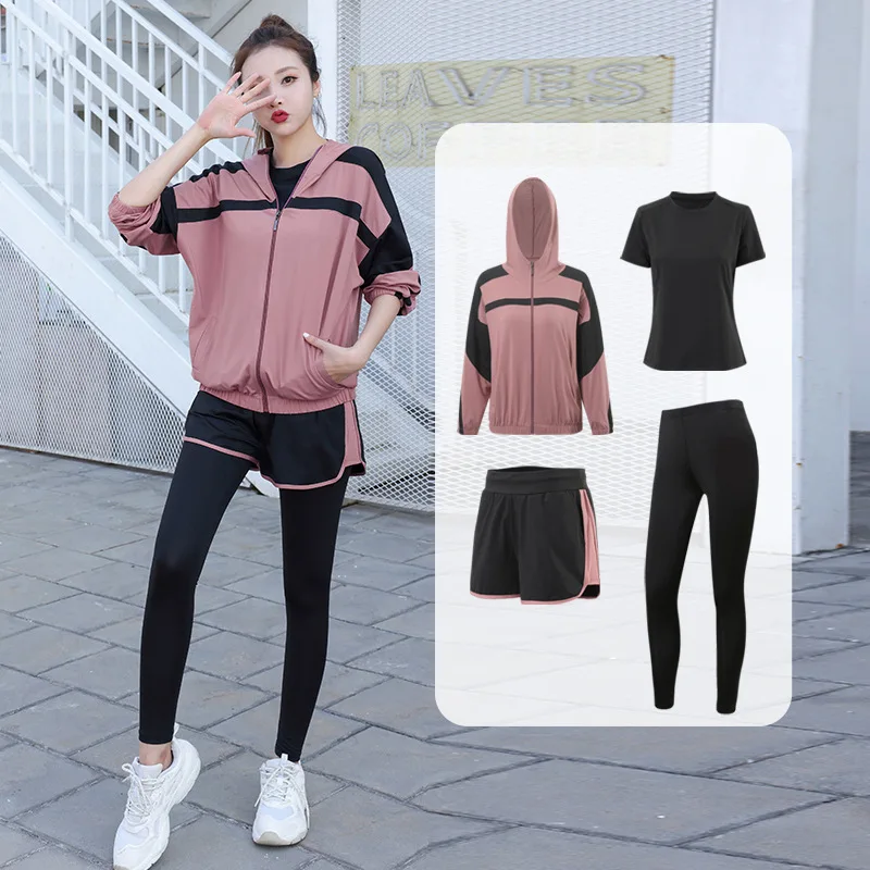 Conjunto deportivo de Yoga para mujer, ropa de entrenamiento para correr, abrigos, sujetador, camiseta, pantalones y pantalones cortos, chándal de gimnasio para Fitness