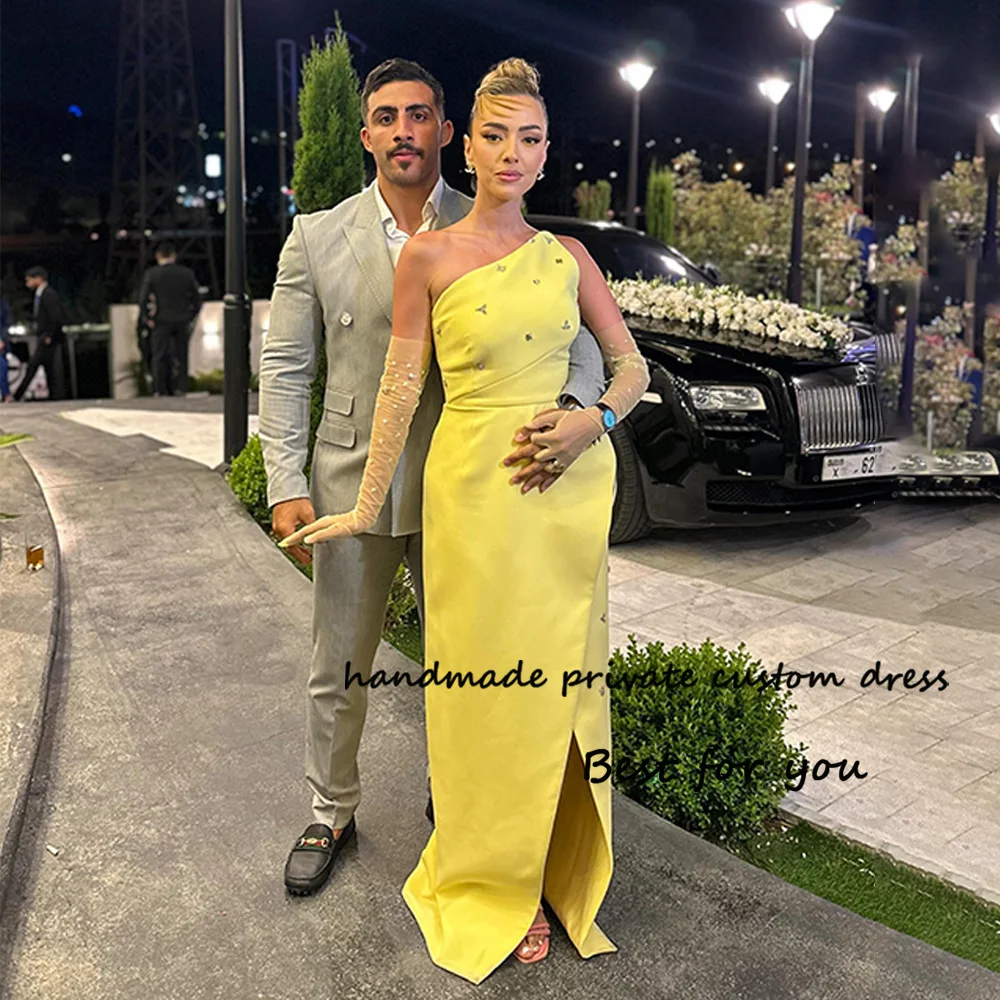 

Yellow Satin Mermaid Saudi Arabic Evening Dresses Side Split with Beads Dubai Prom Party Dress Long Women Formal Gowns