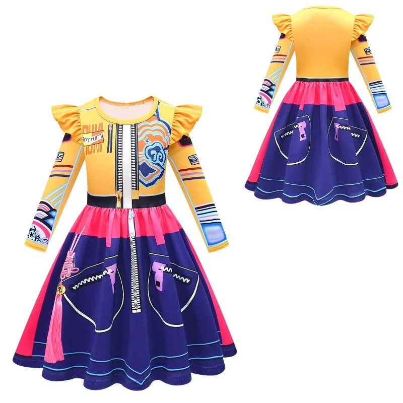 New 2pcs Children's Dress Young Woman Flutter Sleeve A-Line Dress Girl One-Piece Swim Dress Toddler Long Sleeve Demon Hunting