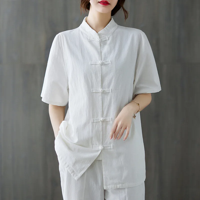 Kemeja Linen Katun Gesper Bordir Vintage 2022 Blus Wanita Atasan Gaya Cina Kasual Longgar Kerah Berdiri Musim Panas 3xl