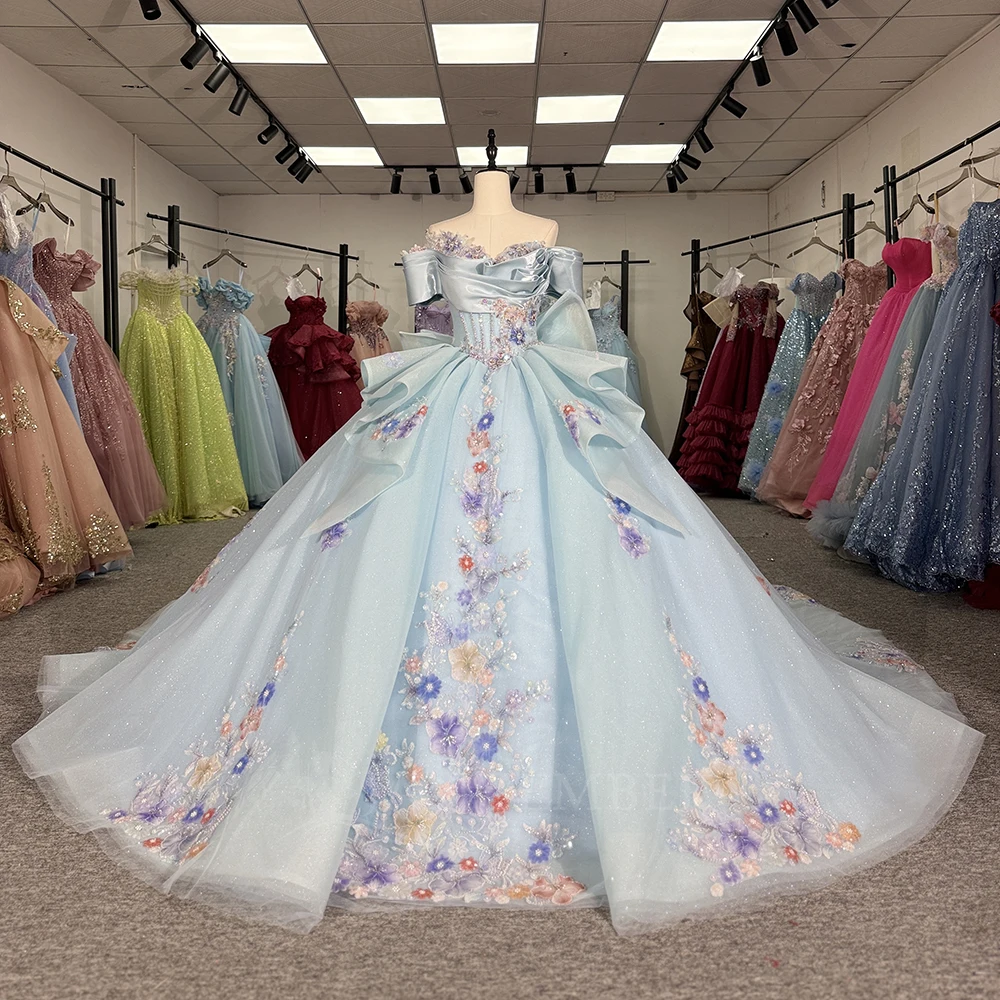 

Синее платье Quinceanera с открытыми плечами, блестящая наклейка, украшенное кристаллами и бисером, платья de 15, пятидесятилетные платья по индивидуальному заказу с бантом и шлейфом