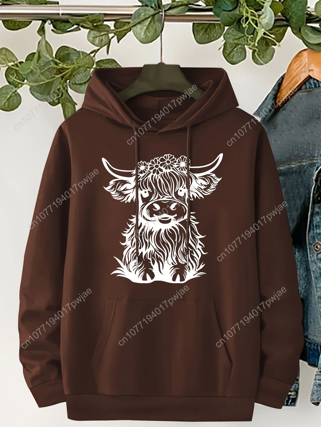 Sweat à capuche confortable grande taille imprimé Yak pour femme – Pull décontracté à manches longues avec poches, polyester extensible doux, parfait pour l'automne