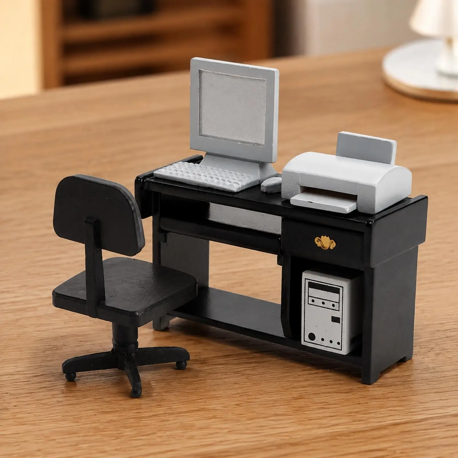 Miniature Desk T Dollhouse Furniture Birch Wood Computer Workstation with Cushioned Chair for Collectible Display