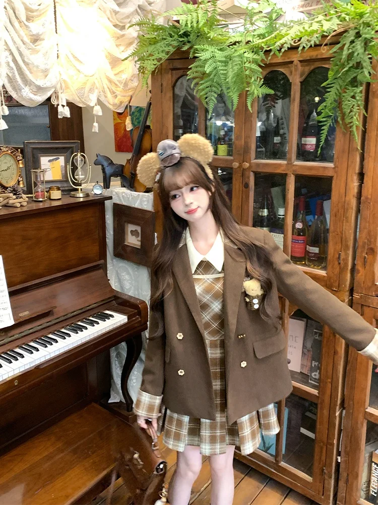Sweet College Style Women's  Coat Bear Brooch Chest Pin Coffee Color Early Autumn Retro Fashion Outerwear Jacket