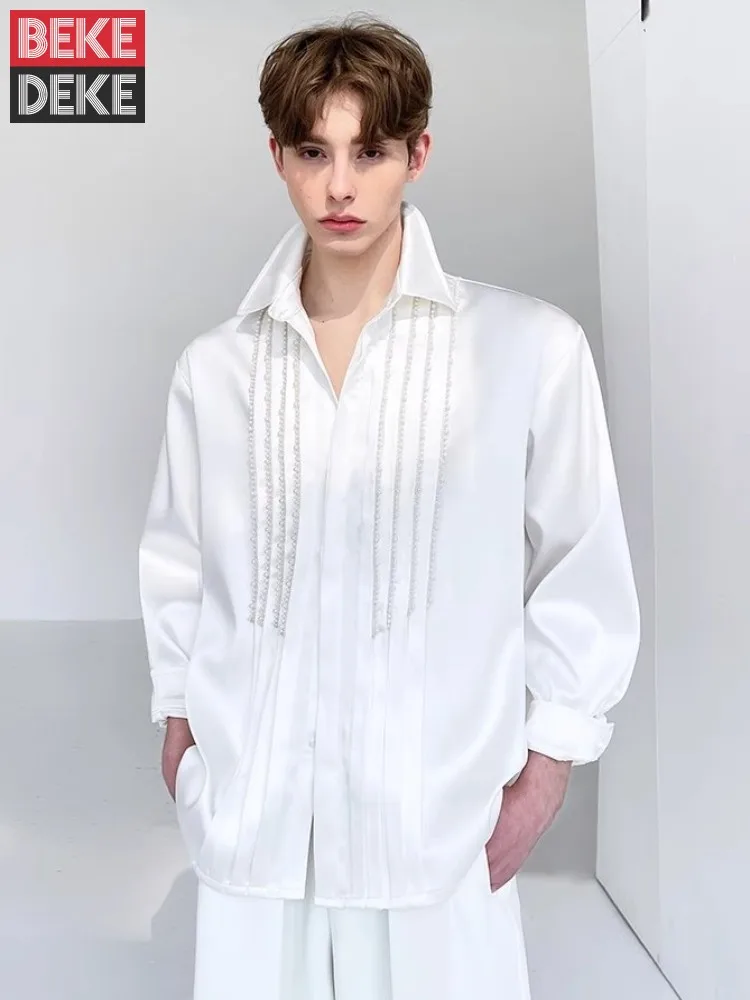 High Quality Fashion Mens Handmade Bead Design Shiny Shirt Loose Fit Turndown Collar Long Sleeve Stage Show Shirts 2025 New Tops
