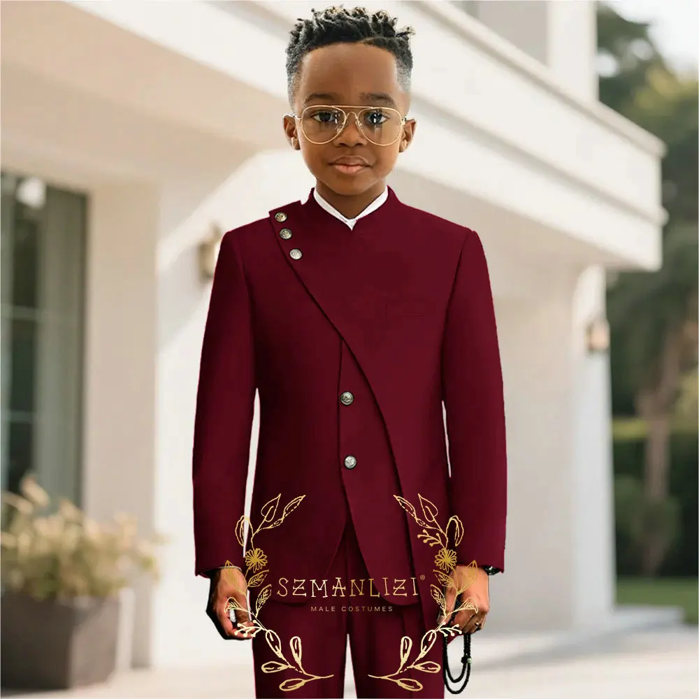 Boy African Style Stand Collar Suit Custom Fashion Boy Formal Wear Wedding Dress Costume Kids 2 Piece Set (Jacket+Trouser)