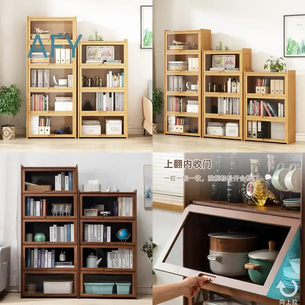 Glass Door Bookcase for Home Office Living Room Bedroom Study Room Storage Display Cabinet with Flap Door Dust Proof Solid