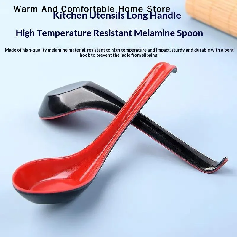【W】2pcs Japanese Style Melamine Red Black Soup Spoon Long Handle Simulated Ceramic Ramen Spoon Drop-resistant Heat-resistant