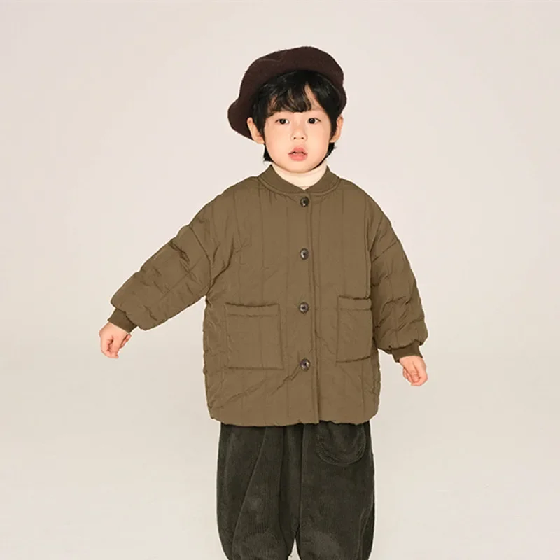 

Korean style Boys' solid color Quilted jacket Girls' lining fleece O-Neck coat Kids baby thick warm loose outerwear