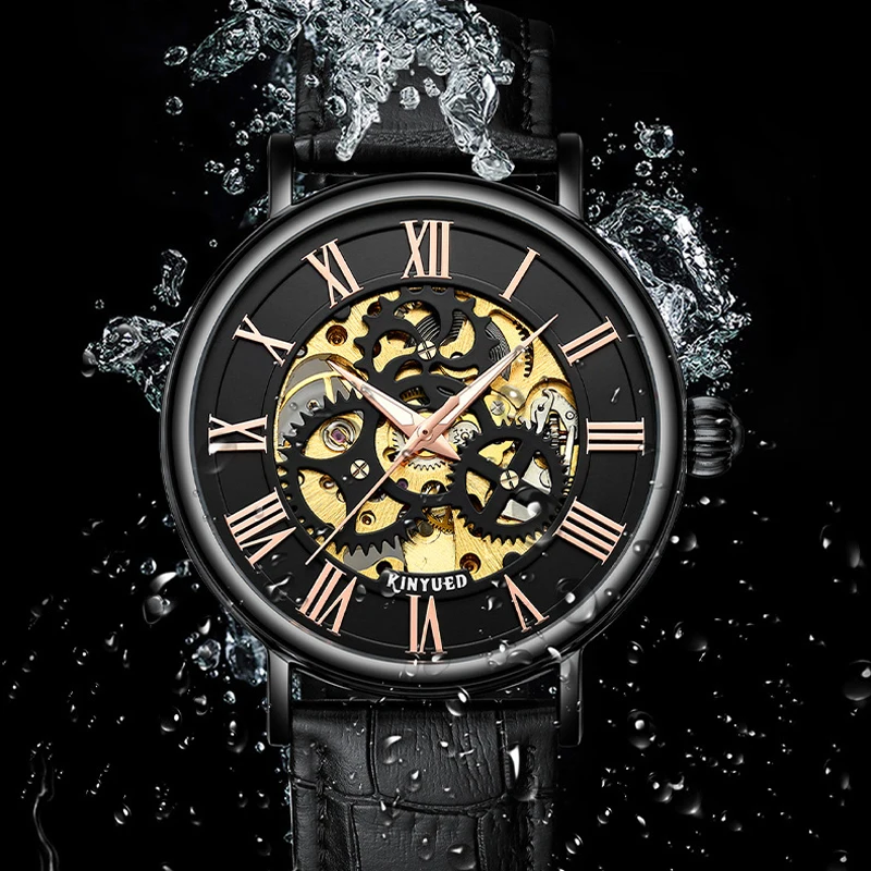 KINYUED orologio meccanico di marca da uomo moda classico scheletro orologi da uomo cinturino in pelle orologio da polso automatico impermeabile orologio maschile