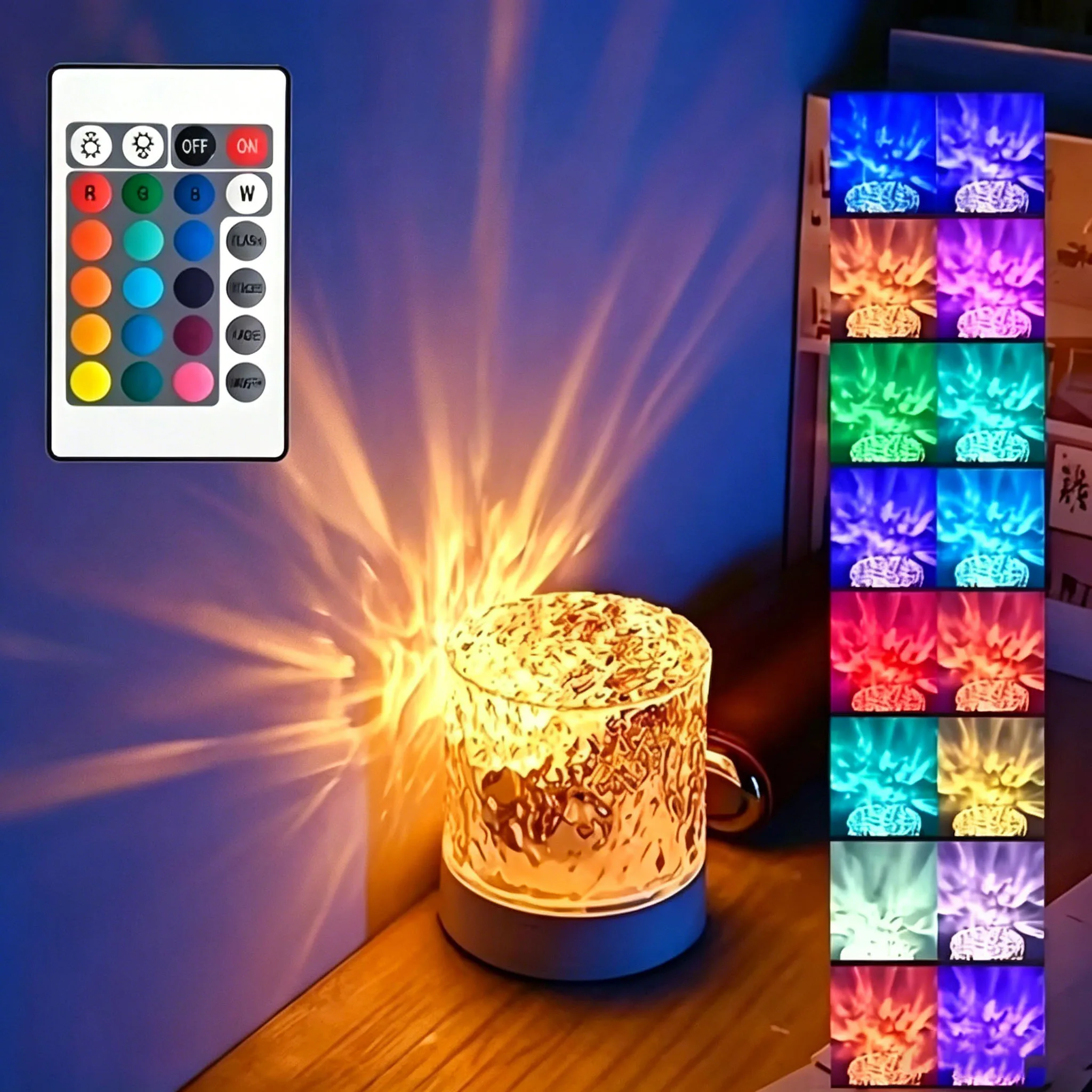 

16 Colors Dynamic Water Ripple Projector Lamp Remote Control LED Flame Atmosphere Night Light USB Rechargeable Bedroom Bedside D