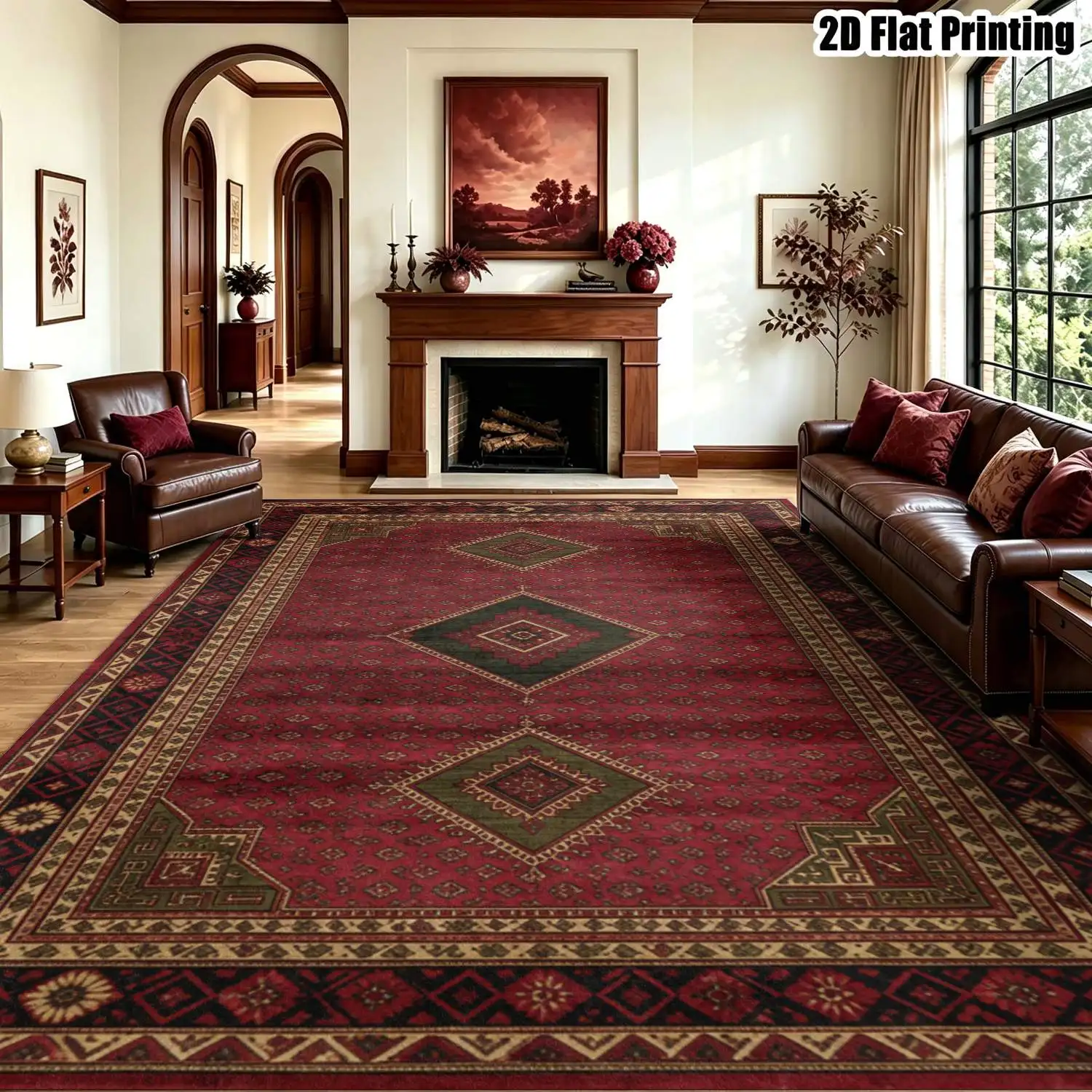 1 unidad de alfombra retro geométrica de color burdeos y verde, con estampado 2D, disponible en varios tamaños, lavable a máquina, ideal para la decoración del hogar, como felpudo, para comedores, vestíbulos, estudios, salones y dormitorios.