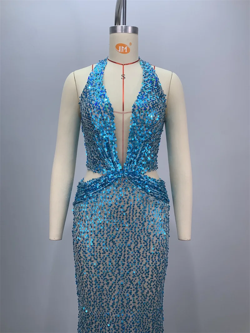 Nieuwe sexy uitgeholde laag uitgesneden halter blauwe paillettenjurk voor socialite feestavondjurk