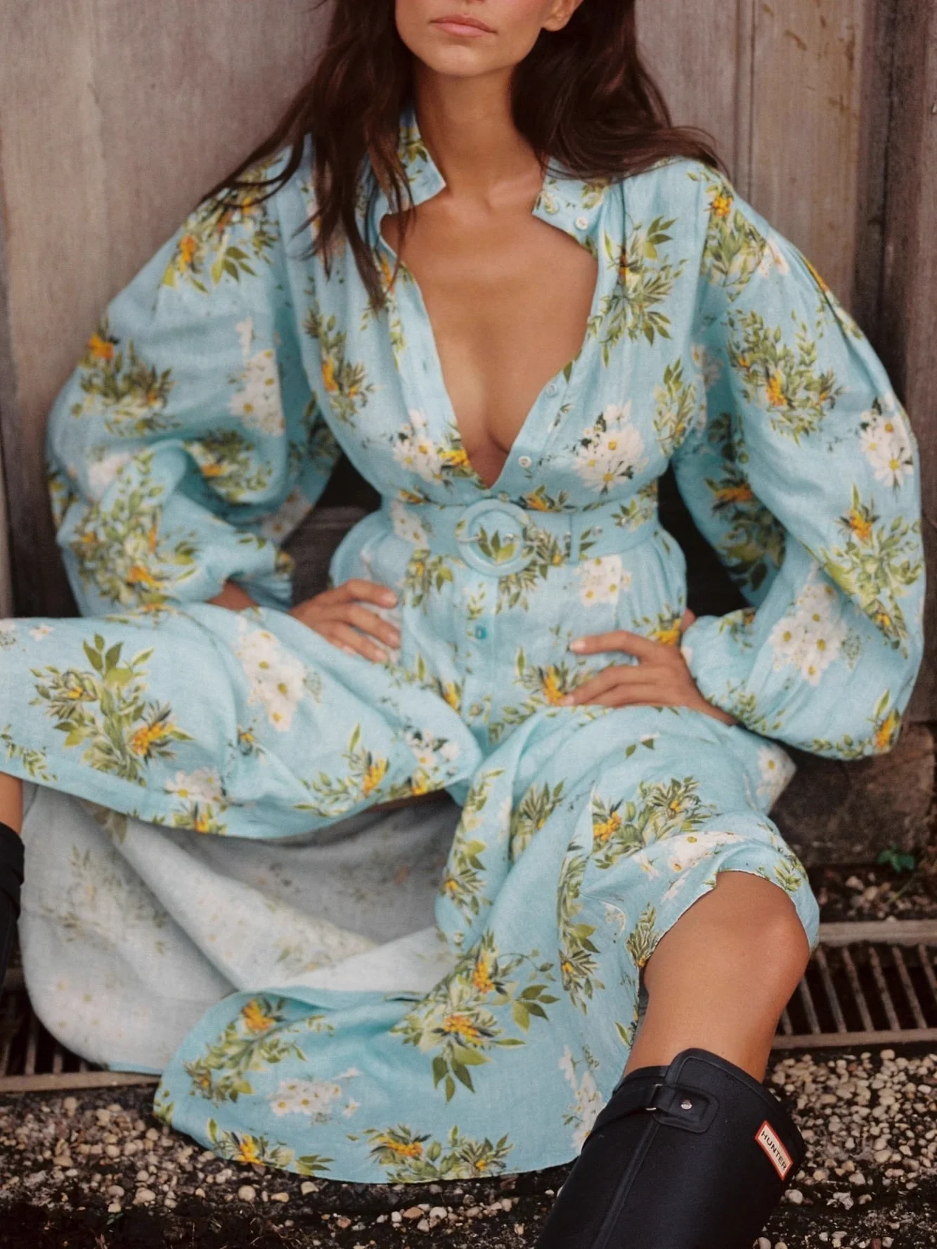 

Blue Daisy Print Women Vacation Maxi Dress 2025 New Long Sleeve Single Breasted Stand Collar Loose Female 100% Linen Robe