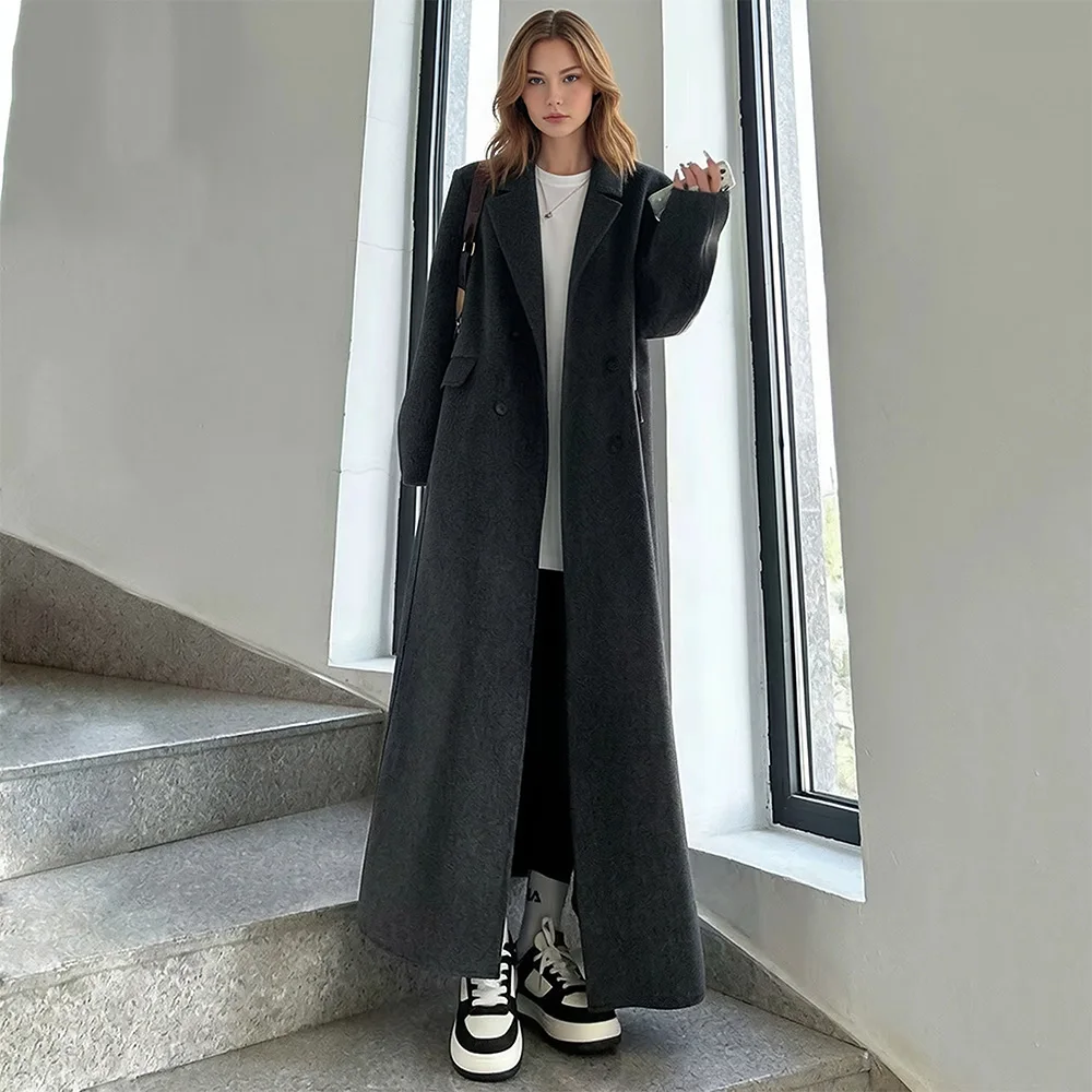 New Women Long Double-Faced Wool Coat Autumn Winter Fashion Turn-down Collar Double Breasted Loose Daily Wool Blends Coat