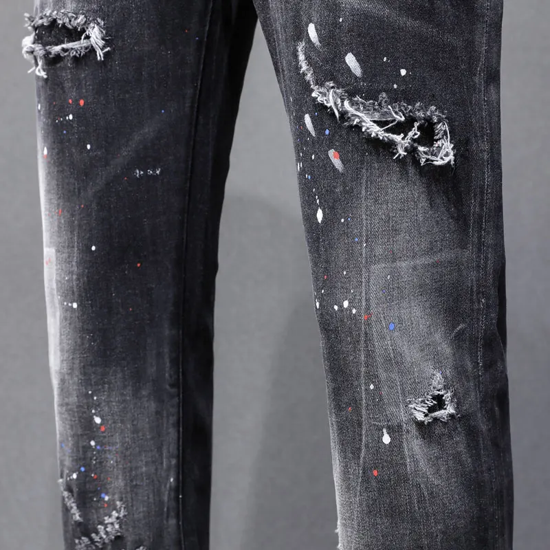 DesignerY2K High Street Fashionable Men's Black Grey Jeans Retro Elastic Slimming Ripple Jeans Men's Painted Hip Hop Brand Pants
