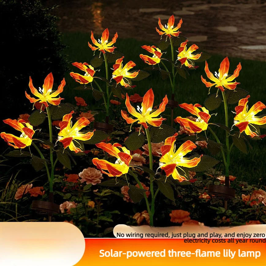 Solar LED Flame Lily Flower Light Outdoor Garden Villa Landscape Lamp Ground Plug Lawn Light