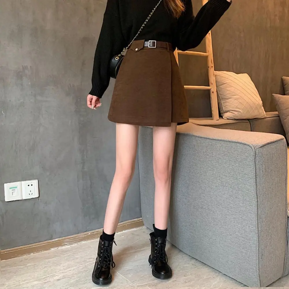 ack Zipper Mini Skirt With Belt Autumn and Winter High Waist A- line Skirt Black Skirt for Woman Skirts Faldas Jupe Streetwear