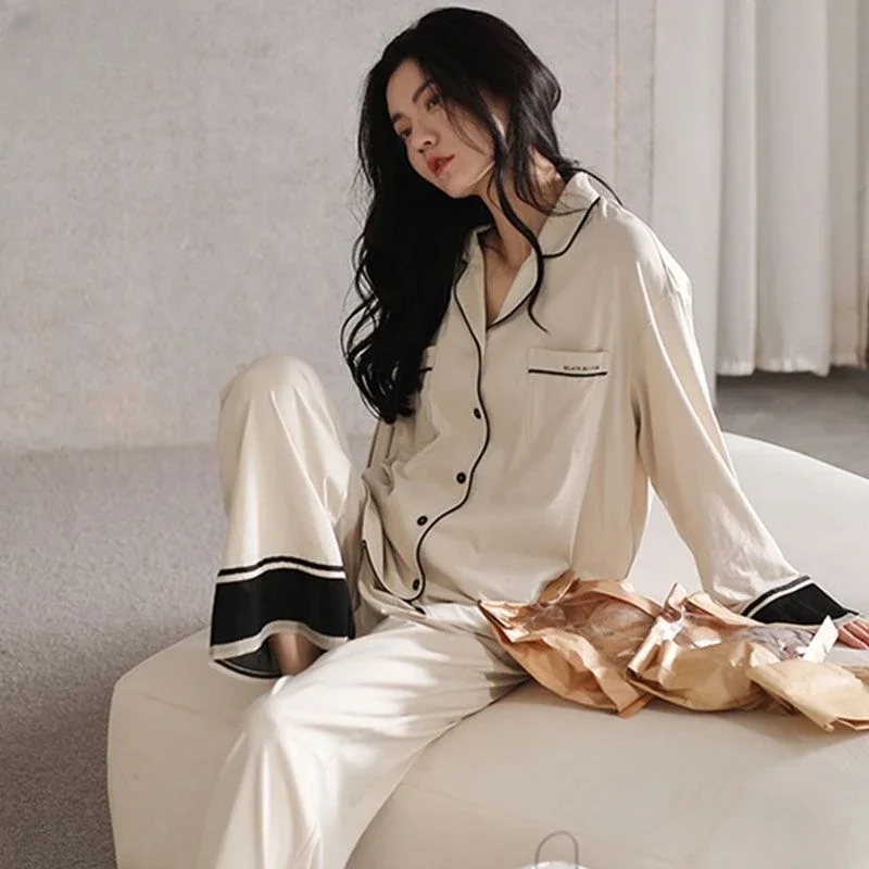 

Women's Pajamas Set Spring and Fall Korean Fashion Loose Cotton Long-sleeved Two-piece Suit Leisure Simple Sleepwear Homewear