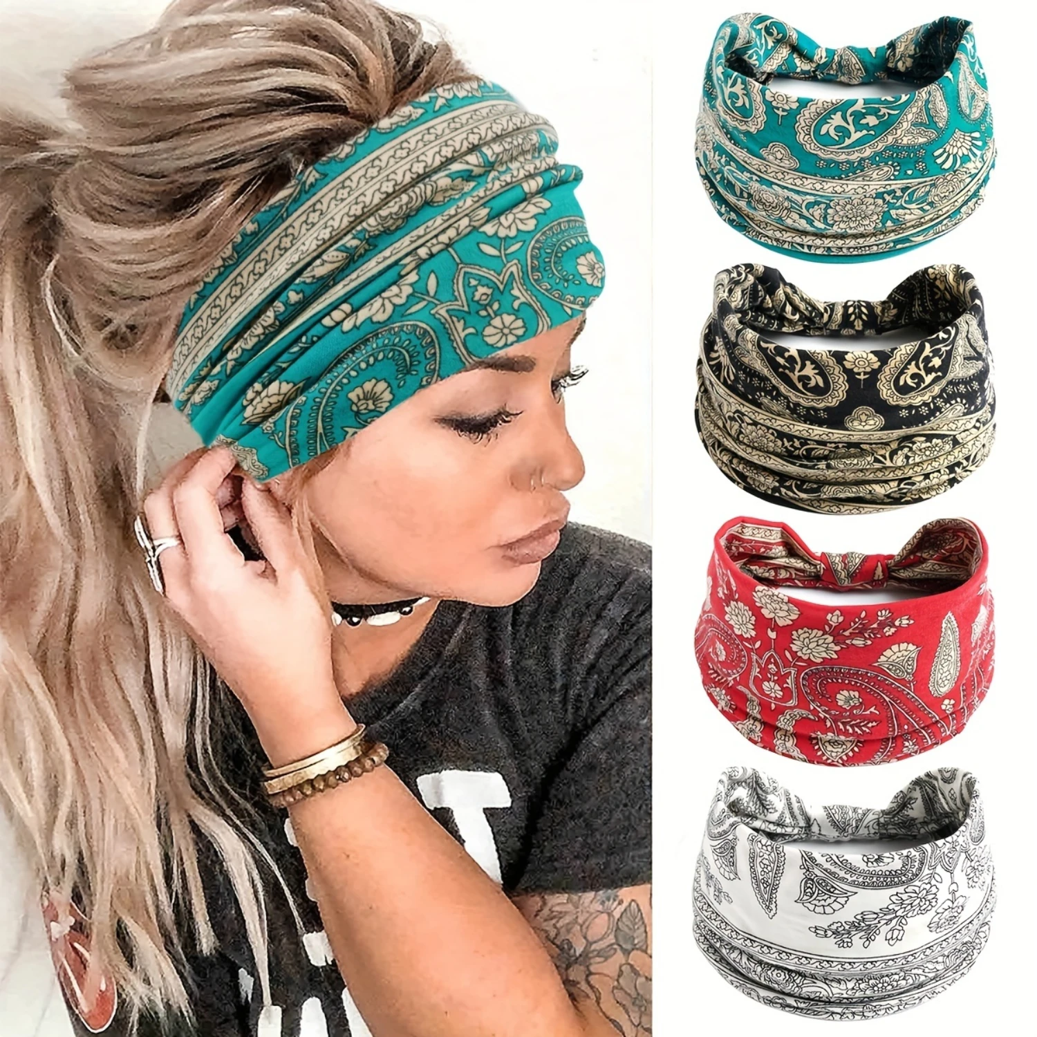 4-Piece  Paisley Headband Set - Wide, Stretchy Cotton Blend Yoga & Sports Sweatbands For Women