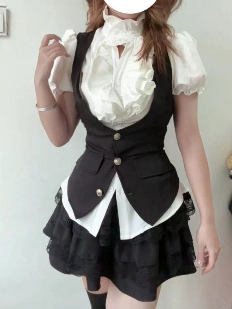 

Y2k Gothic Retro Chic 3 Piece Set Women Bubble Sleeve Shirt + Slim Vest + Mini Cake Skirt New Vintage Fashion Skirt Suit 2025