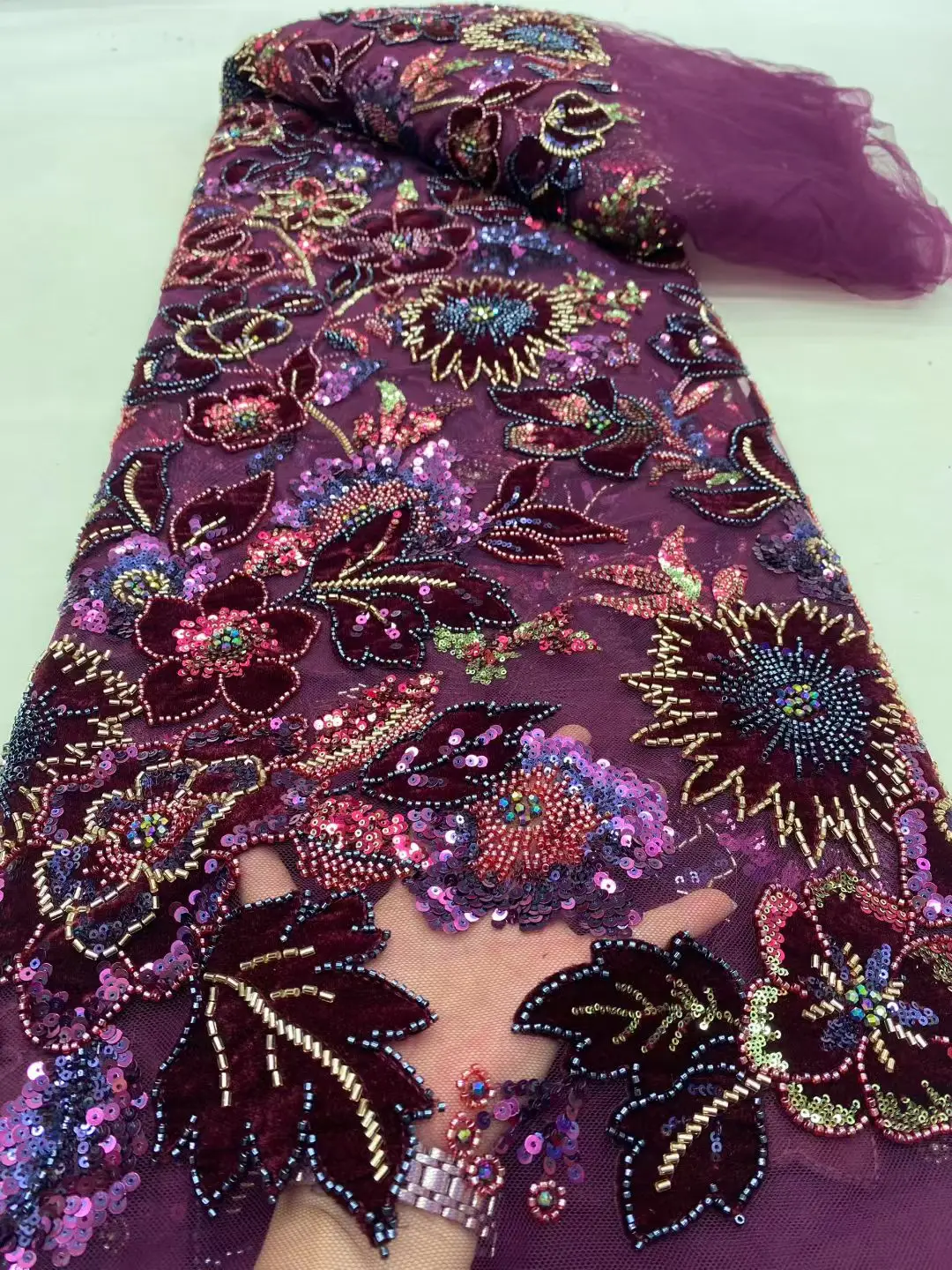 

African Nigerian High-Quality Lace Fabric for Sewing Velvet Sequins Embroidered Cord Guipure for Party Dresses Weddings DP0456