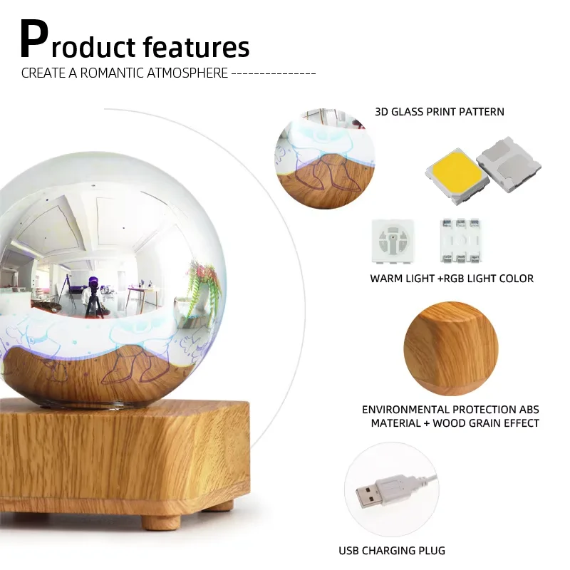 โคมไฟตั้งโต๊ะบรรยากาศดอกไม้ไฟ LED 3D, USB - ขับเคลื่อน, สวิตช์ปุ่มเดียวสำหรับแสงอารมณ์ RGB, เหมาะสำหรับตกแต่งบ้านและห้องนอน