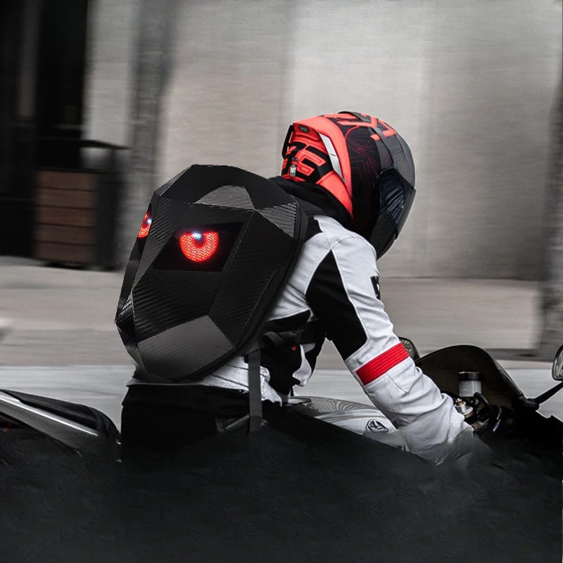 

Locomotive Backpack Glowing Eyes Motorcycle Riding Full Helmet Carbon Fiber Textured DIY Bag