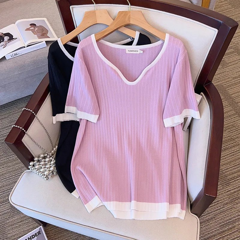 2023 Summer Big Size Women Clothing Ice Silk Knitted Tops Chubby Female Show Slim 100/150kg Short Sleeve T Shirts Women 6XL 7XL