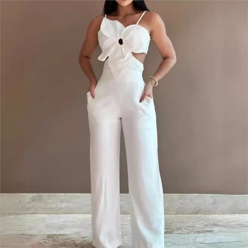 

2024 Summer Fashion Hollow Out Solid White Jumpsuit Spaghetti Strap New Women Casual Asymmetricsal Neck Backless Jumpsuits