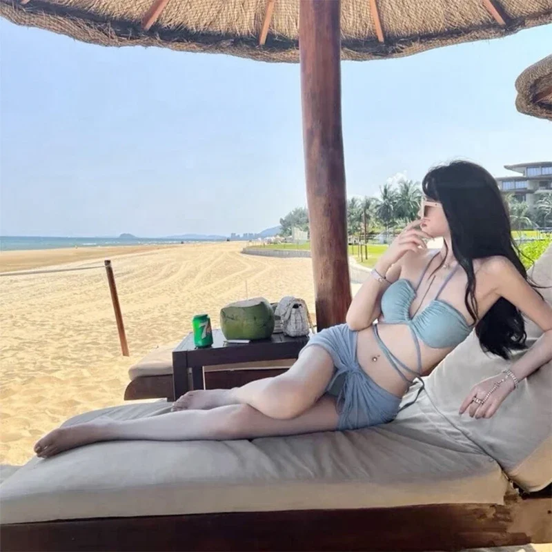 a triangolo Halter Set per donne Summer 3 pezzi Spacchi costumi da bagno divisi Ladies Criss Bathing Abit con