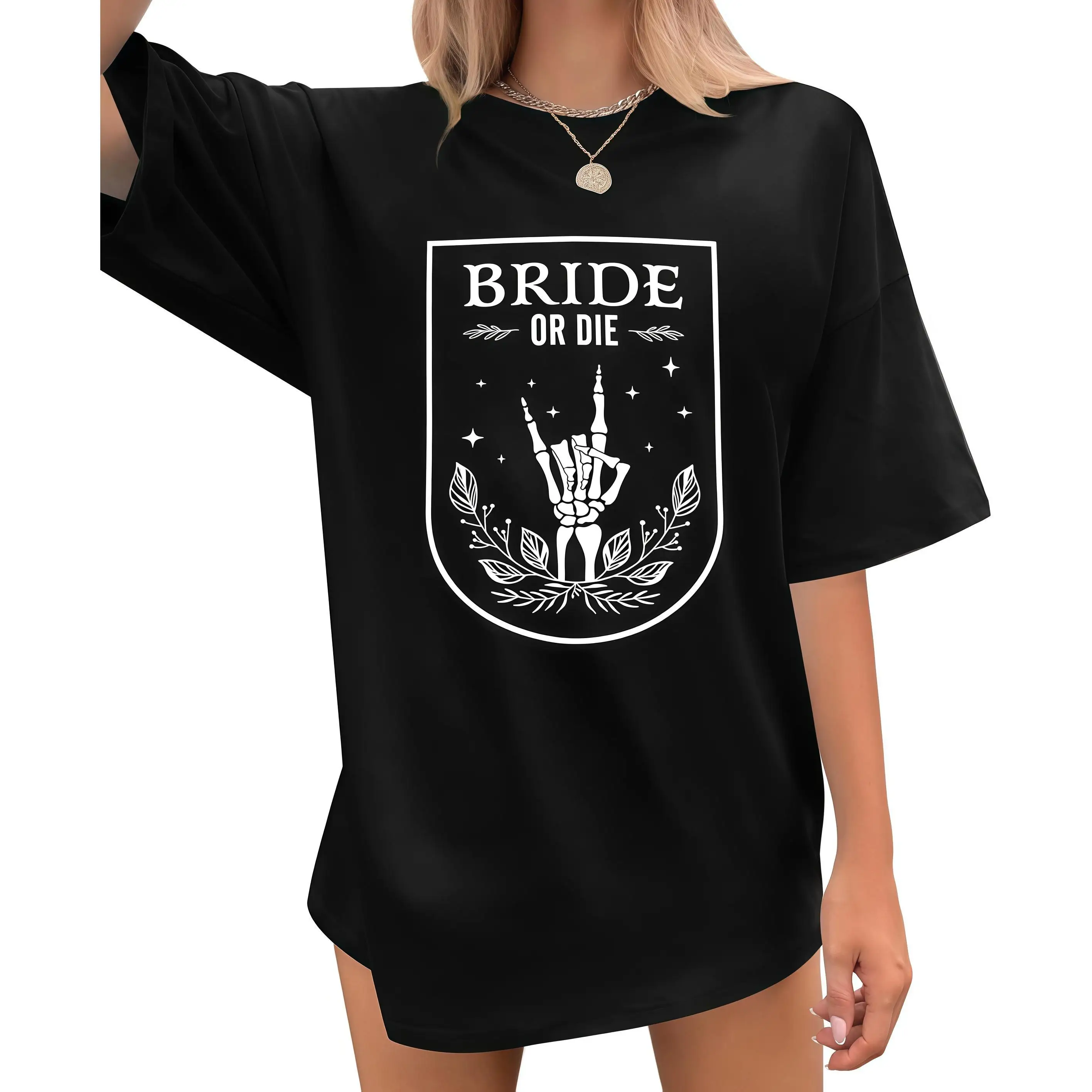 

Bride or Die T-shirt Women Funny Skeleton Hand Graphic Oversized Bridal Party Tee for Bachelorette Party