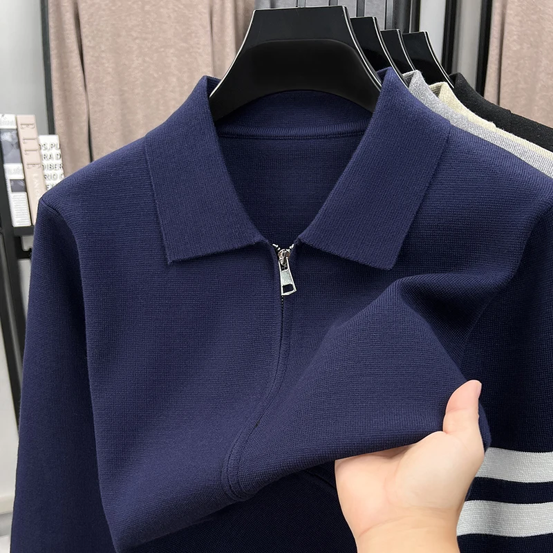 Light Luxury Brand double striped sweater coat men's high-end new fashion pocket casual comfort zipper lapel knitted cardigan