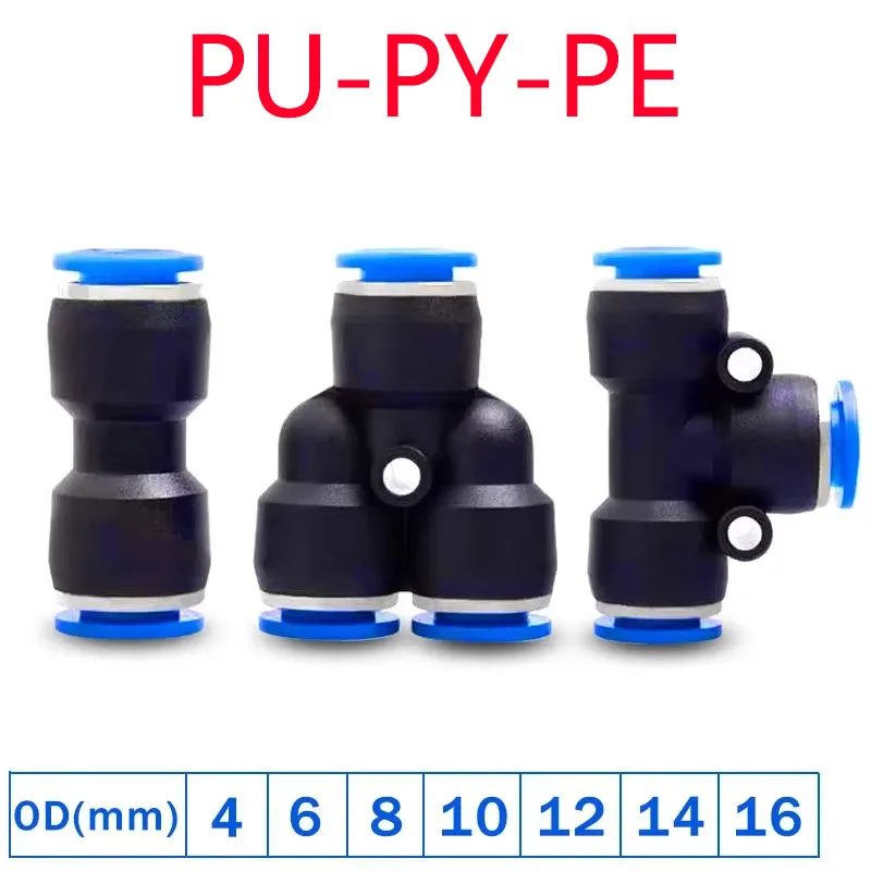 100pcs PE PU PG PY PW Air Connectors 4 6 8 10 12mm Pneumatic Fitting Quick Connect Tee 3Way Plastic Pipe Hose Tube Connector