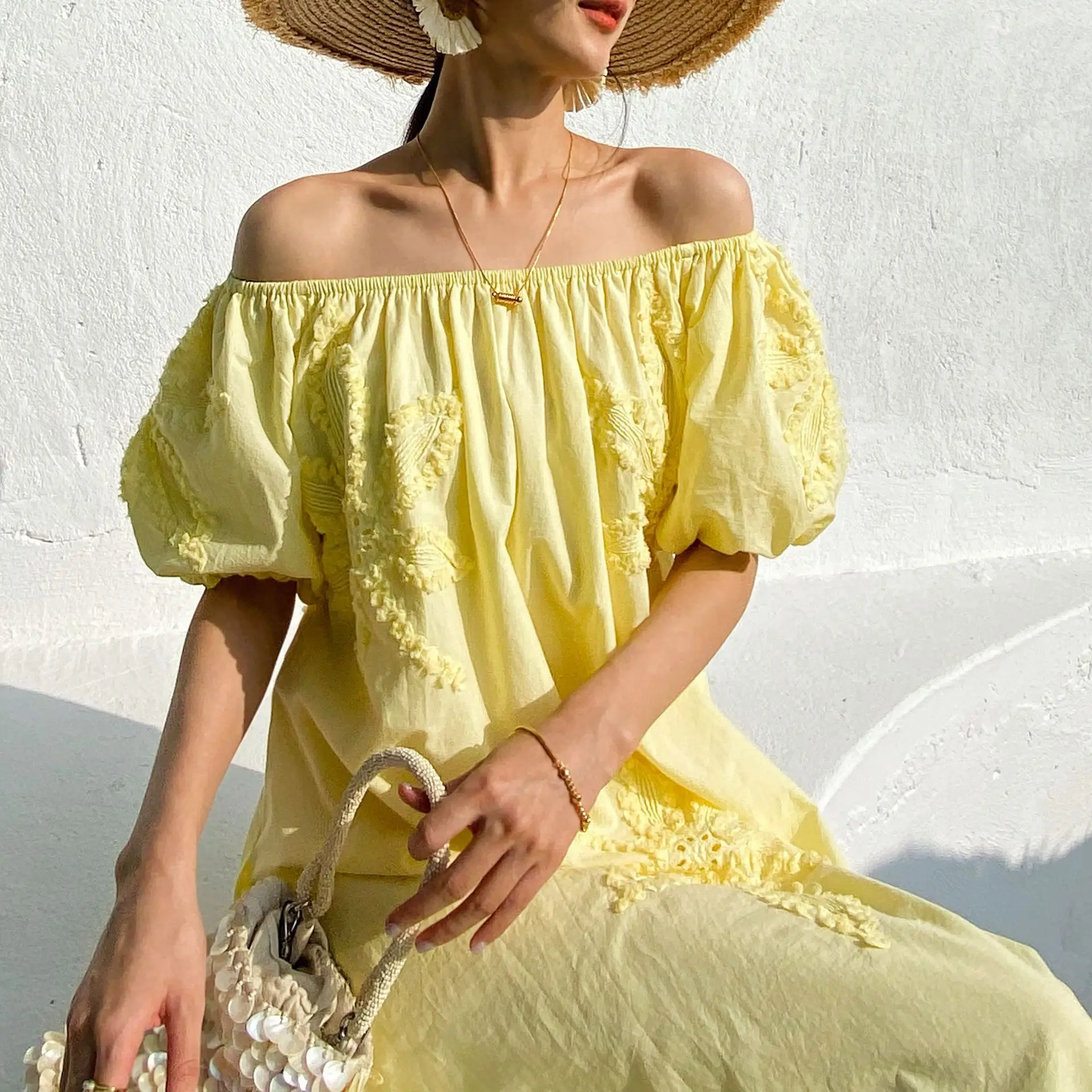 Embroidered Lemon Yellow Floral Off-shoulder Loose Fit Women\'s Midi Dress 2024 Spring/Summer Vacation Beach Dress