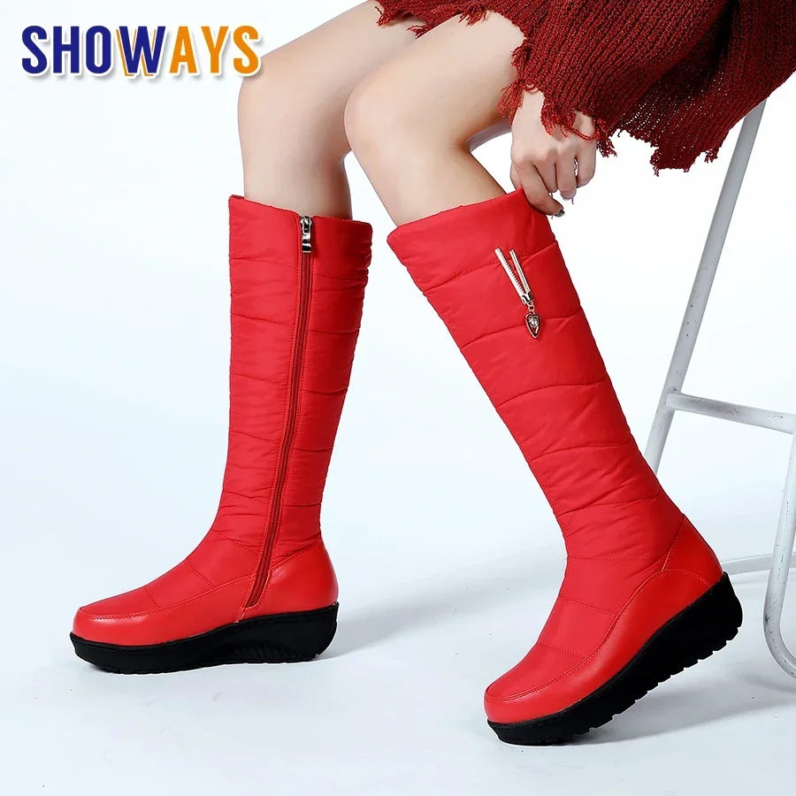 Women Warm Fur Mid-calf Snow Boots Round Toe Red Black Down Crystal Dec Party Travel Lady Wedge Platform Winter Plush Half Boots