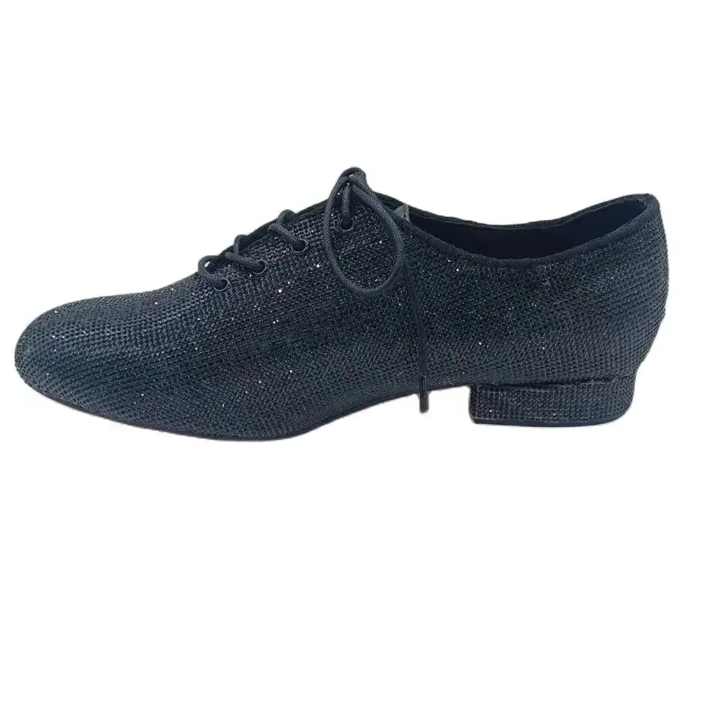 Sepatu dansa pria, alas kaki Suede sol Latin Salsa Ballroom pria hak 2.5cm sepatu dansa pesta berlian imitasi