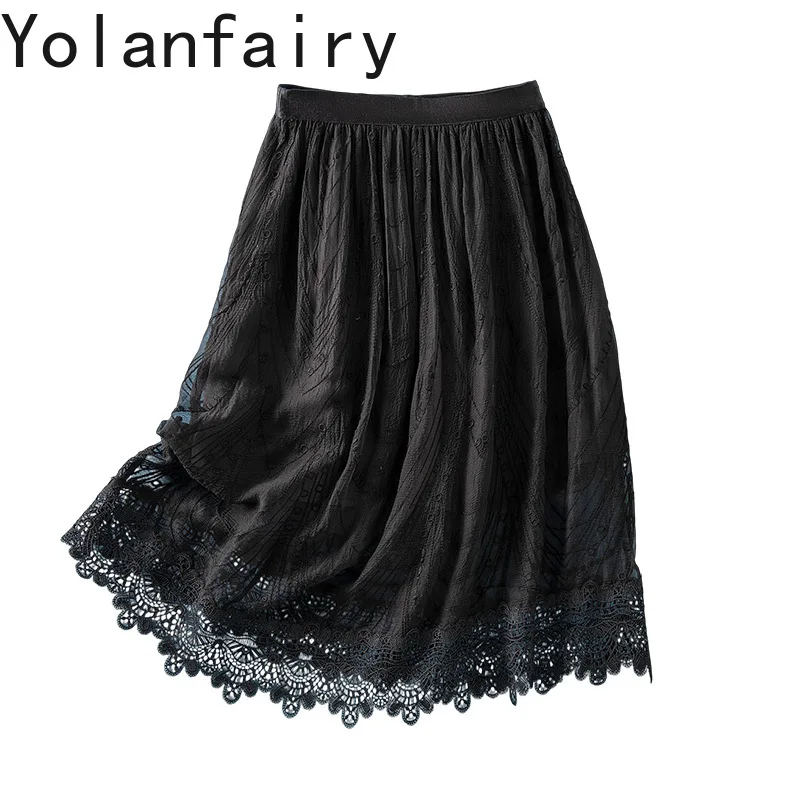 

YOLANFAIRY 100% Pure Mulberry Silk Skirts Woman Clothing Summer Elastic Waist Black Skirt Elegant Embroidery A-line Skirt Women