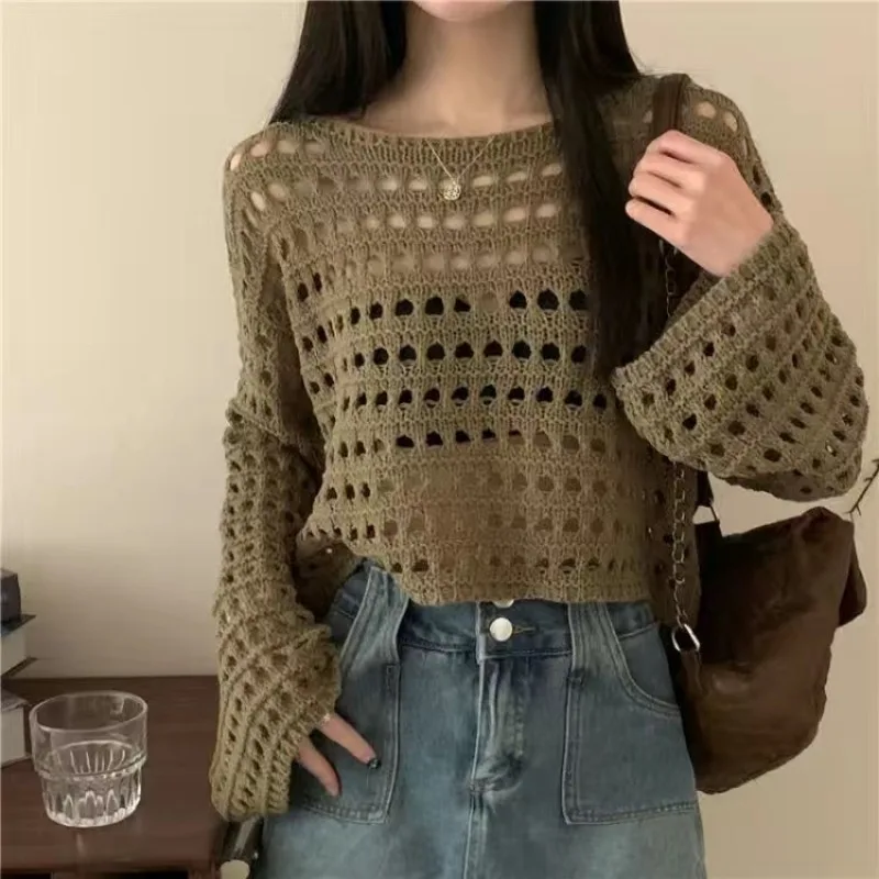 Women Crochet Knit Hollow Out Crop Top Long Sleeve Shrug Sweater Mesh Cover Ups Cardigan Streetwear Pullover Women Clothes Y2k