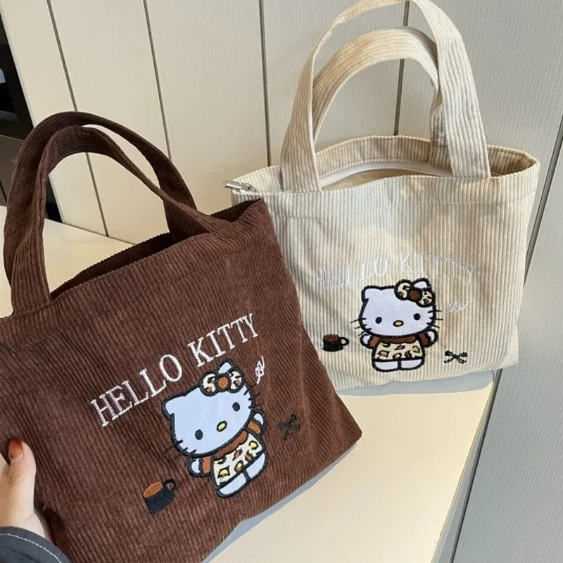 Sweet Cute Embroidered Leopard Pattern Hello Kitty Handbag Cute Small Capacity Versatile Handbag Corduroy Small Bag