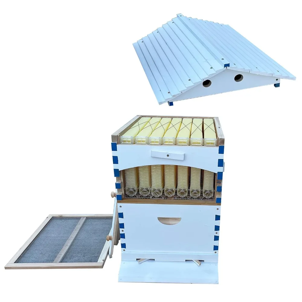 White Bee Hive, with Super Box and 7pcs Auto Super Frames, Brood Box(No Brood Frames), Bee House, Bamboo Queen Excluder for Begi