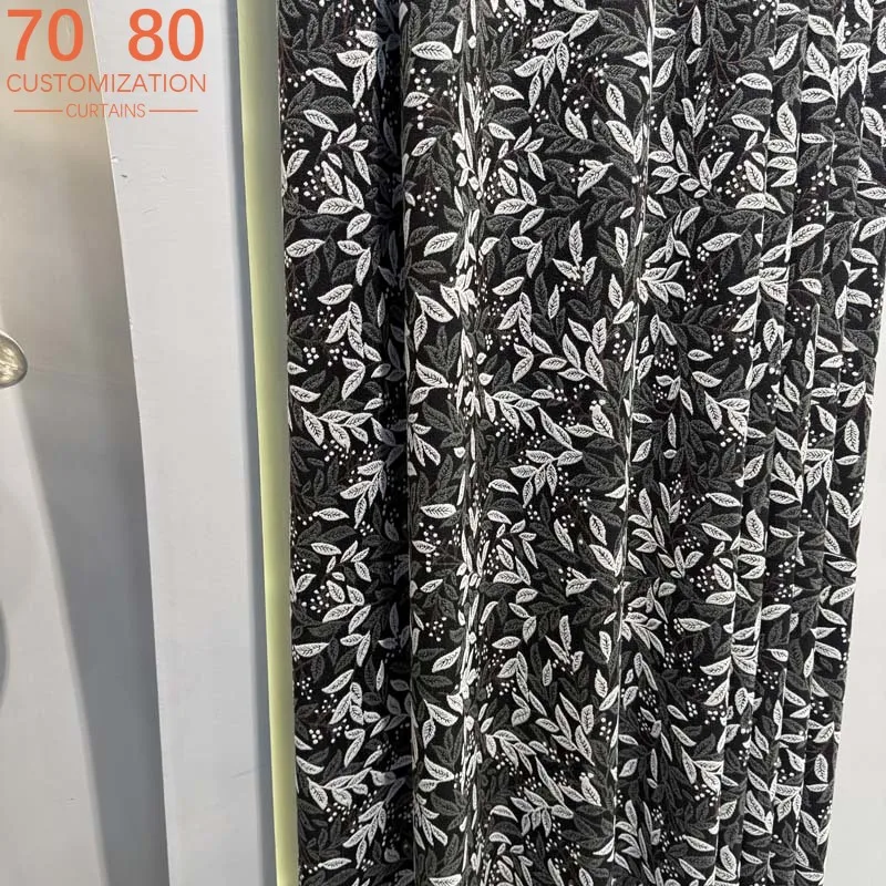 New Retro Pastoral Black Leaves Jacquard Thickened Blackout Chenille Curtains for Living Room Bedroom French Window Customized