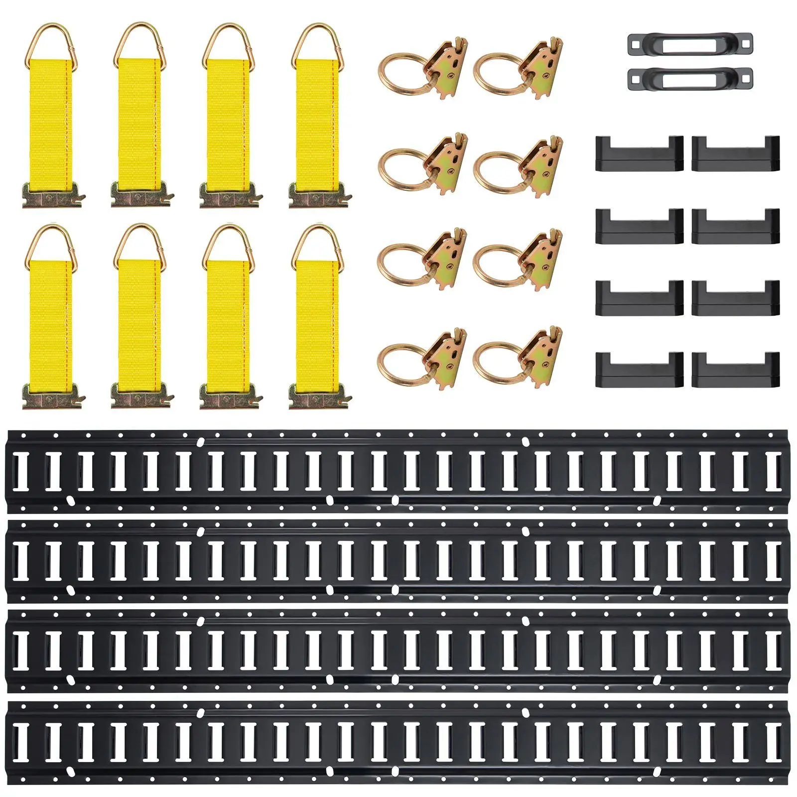 E Track Tie-Down Rail Kit, 30PCS 5FT E-Tracks Set Includes 4 Steel Rails & 2 Single Slot & 8 O Rings & 8 Tie-Offs with D-Ring & 8 End Caps, Securing Accessories for Cargo, Motorcycles, and Bikes