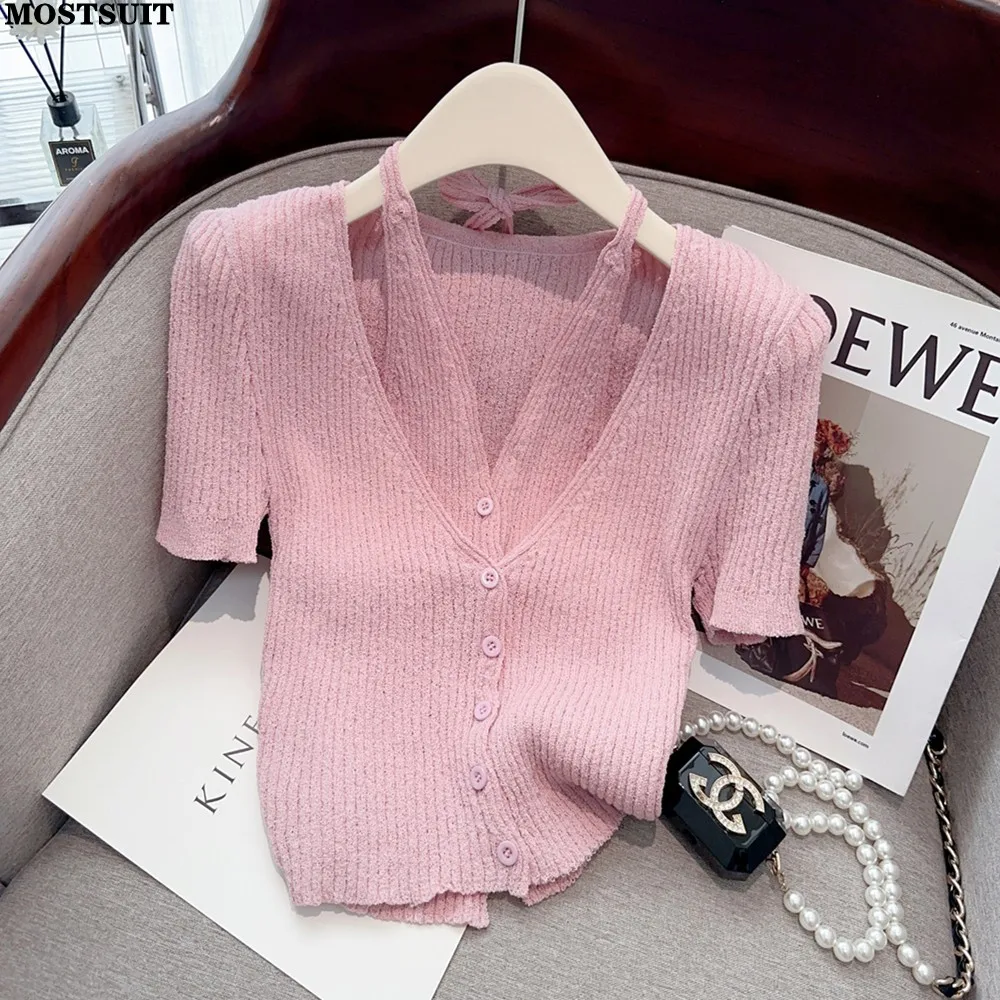 Fake Two Pieces Halter Slim Knit Sweater Tops Women 2023 Summer Short Sleeve V-neck Single-breasted Knitwear Stylish Sexy Jumper