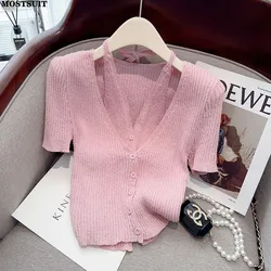 Fake Two Pieces Halter Slim Knit Sweater Tops Women 2023 Summer Short Sleeve V-neck Single-breasted Knitwear Stylish Sexy Jumper