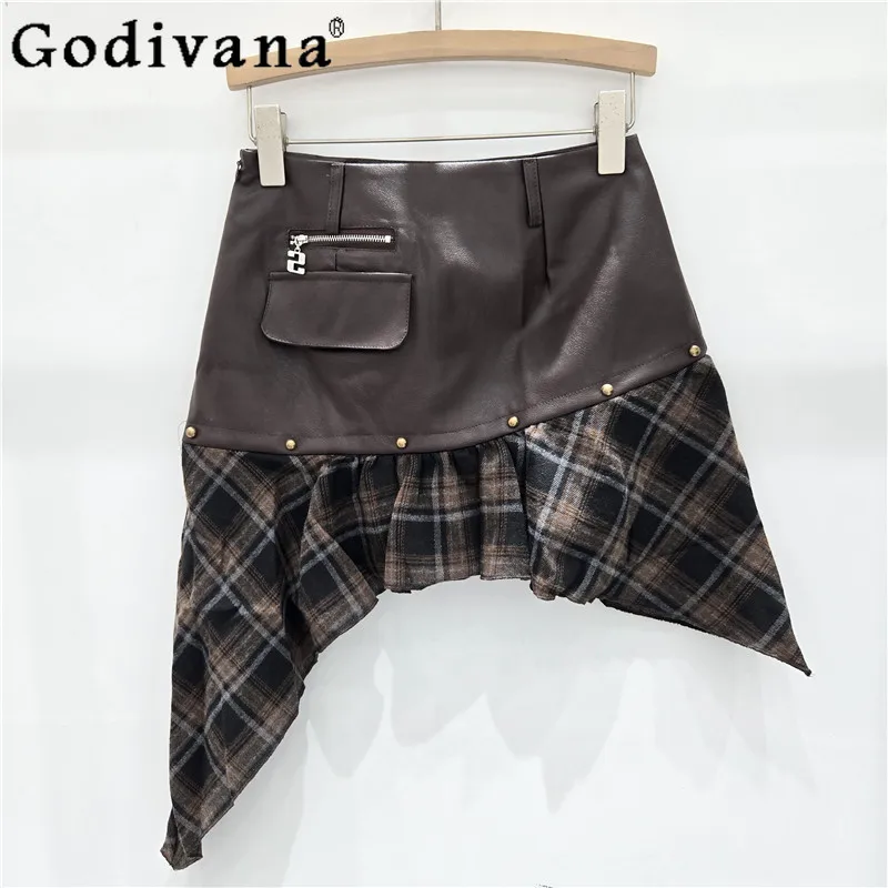 

Осень-зима шикарная нерегулярная клетчатая юбка из искусственной кожи для девочек, новые сексуальные европейские и американские универсальные юбки трапециевидной формы с высокой талией