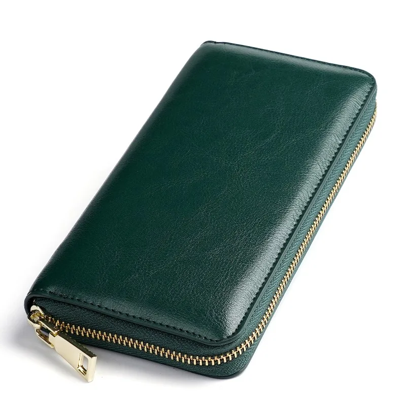 New  Oil Waxed Cowhide Women's Zipper Wallet Long Genuine Leather Large Capacity Handbag Japan Style